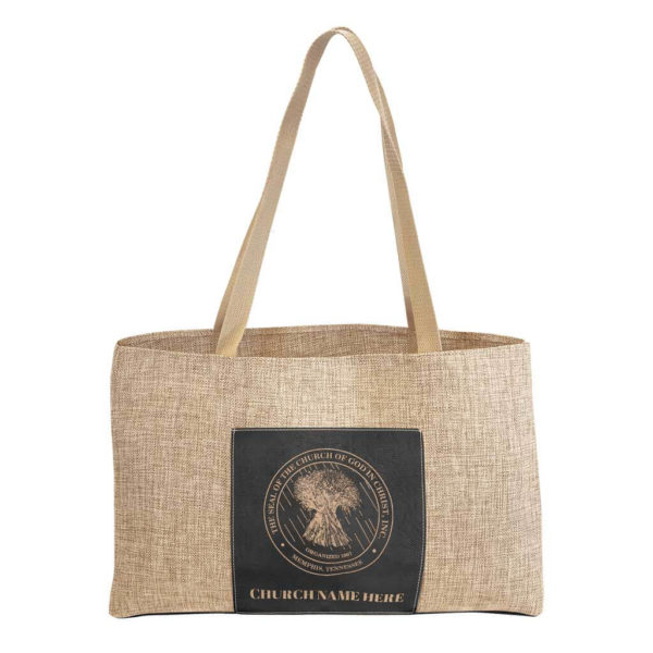 Burlap Tote Bag w/ Leatherette Patch - Laser Etched